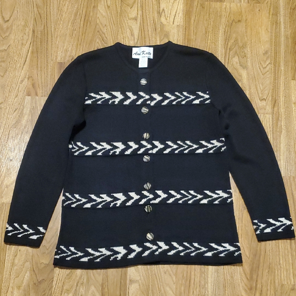 Ami Knits Vintage Cardigan Sweater Womens Size 6 Black Tan Stripe